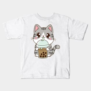 Cute Cat Drinking Boba Milk Kids T-Shirt